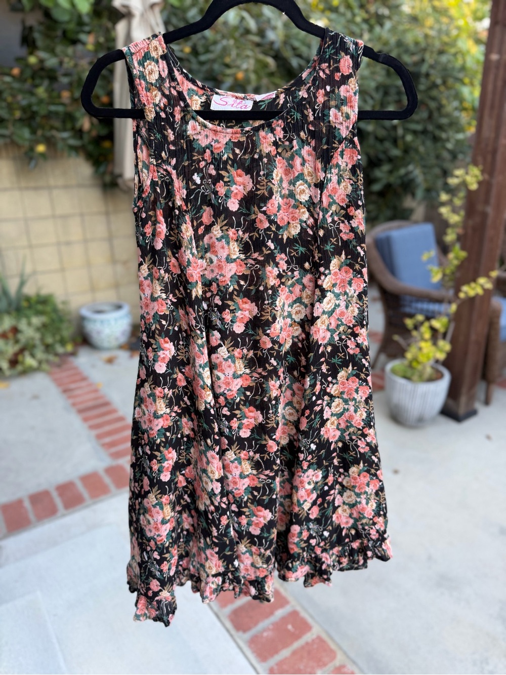 Vintage Sita Floral Rayon Dress Black Pink 90s Boho Ruffle Hem Size L